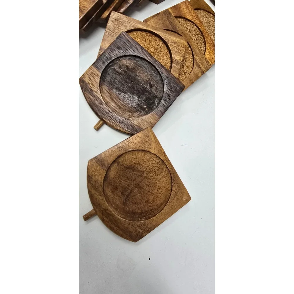 Vtg wood carved enclosed case w/12 Coasters, slide out coasters barware Kitsch